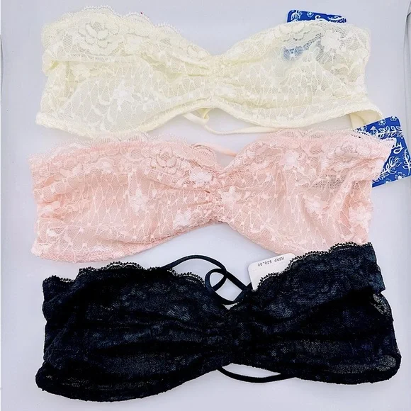 Bundle of 3 Free People Essential Lace Bandeau Bras, Black, Pink, & Ivory, S - Picture 1 of 8
